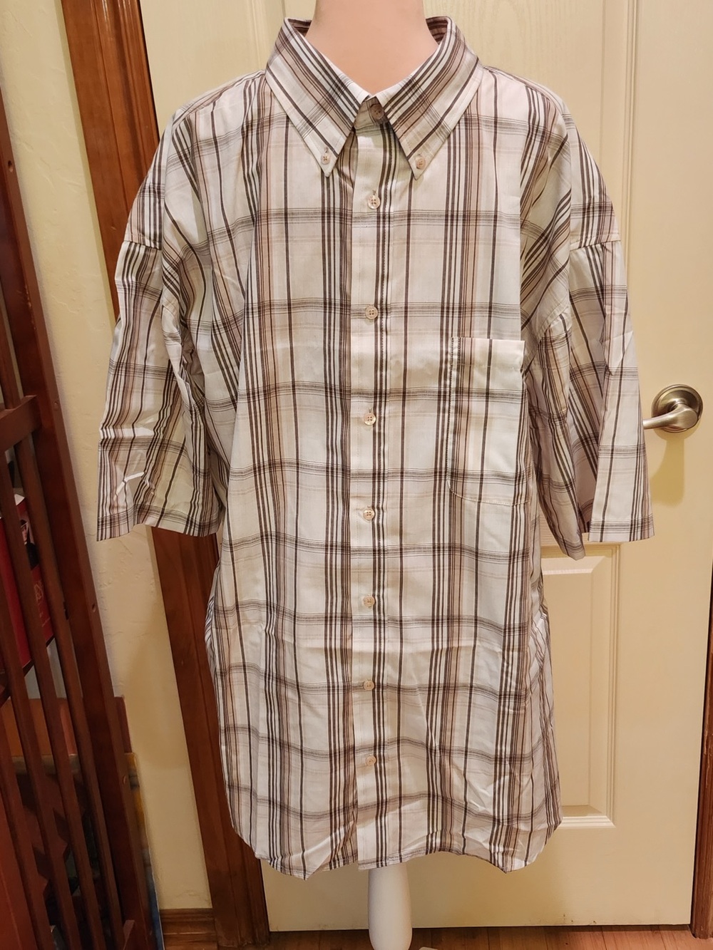 Men's 4XL Gioberti Italy White Brown Plaid Button-Down Shirt Short Sleeve - Picture 9 of 10